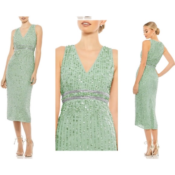 Mac Duggal Sequined Sleeveless V-Neck Midi Sheath Dress beaded belt gown sparkle - Picture 1 of 16